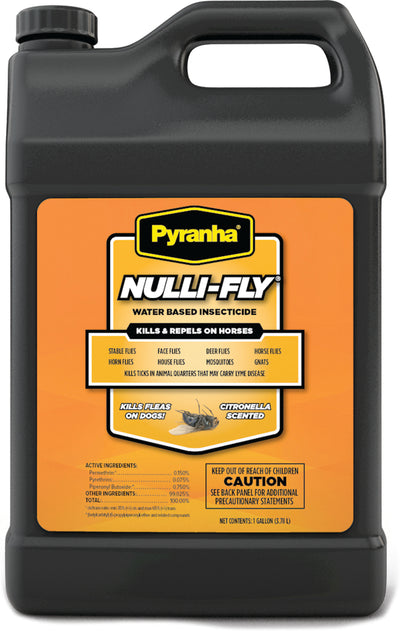 Black plastic container with orange label for Pyranha Nulli-Fly water-based insecticide, 1 gallon size, front view.