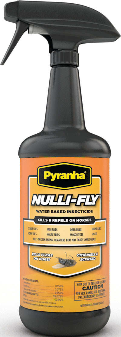 Black spray bottle of Pyranha Nulli-Fly water-based insecticide, 1 quart, front view, packaged product