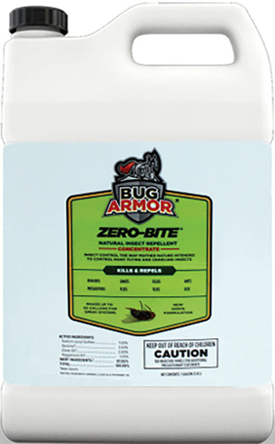 Front view of a white 1-gallon container with a black cap labeled 'Bug Armor Zero-Bite Natural Insect Repellent Concentrate'.