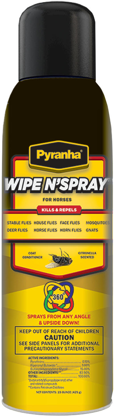 Front view of Pyranha Wipe N'Spray for horses, 15 oz, yellow and black can with insect repellent label.