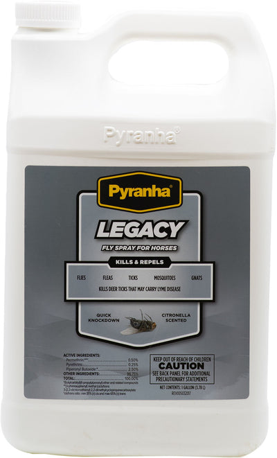 Front view of a white Pyranha Legacy fly spray bottle for horses, 1 gallon size.