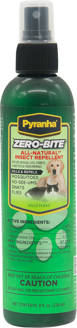 Green spray bottle of Pyranha Zero-Bite All-Natural Insect Repellent, 8 fl. oz., front view, packaged product