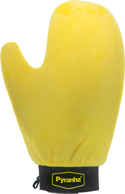 Close-up of a yellow Pyranha All-Purpose Mitt with black wrist strap and brand logo.