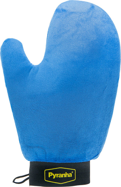 Close-up of a blue Pyranha All-Purpose Mitt with black wrist strap and yellow logo.