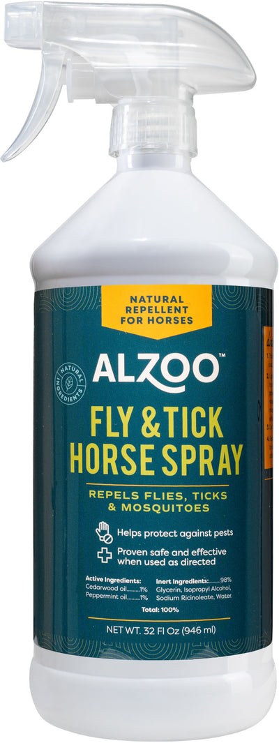 Front view of Alzoo Fly & Tick Horse Spray in a white bottle with a spray nozzle, 32 fl oz.
