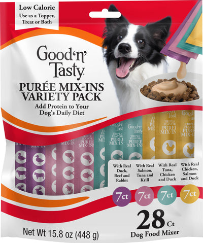 Packaged product: Good 'N' Tasty Puree Mix-In Variety Pack with 28 tubes of different flavors in purple, pink, teal, and yellow.