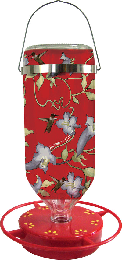 Red Hummer's Galore hummingbird feeder with floral and hummingbird design, front view, packaged product