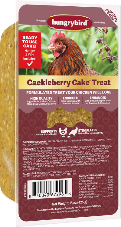 Front view of a packaged Hungrybird Cackleberry Cake chicken treat with a rooster image and product details.