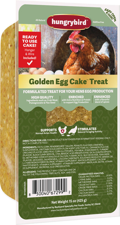 Front view of Hungrybird Golden Egg Cake chicken treat package with 15 oz net weight.