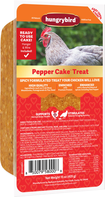 Front view of Hungrybird Pepper Cake Treat package with red and orange design, showing a chicken image and product details.