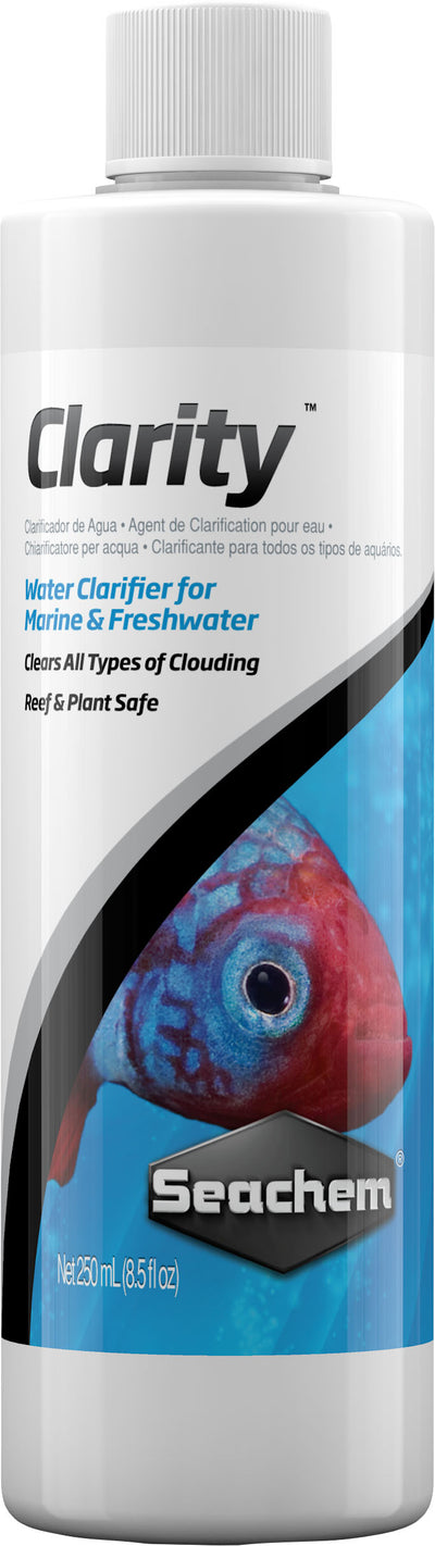 Seachem Clarity water clarifier bottle, 250 mL, front view, packaged product