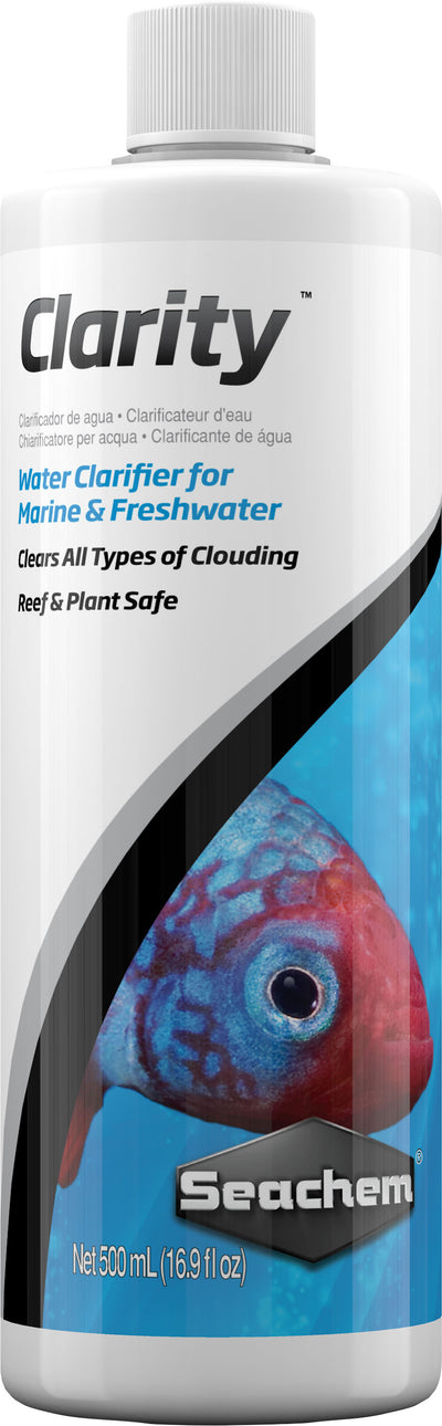 Seachem Clarity water clarifier bottle, 500 mL, front view, packaged product