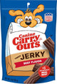Packaged product: Canine Carry Outs Tender Jerky dog treats, beef flavor, 3 oz, blue and white packaging with cartoon dog.