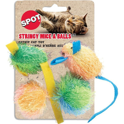 SPOT Stringy Mice & Balls - Catnip Cat Toys, Interactive, Colorful Plush Toys, Fun for Cats and Kittens to Bat and Chase, Boredom Buster - 2 Mice, 2 Balls