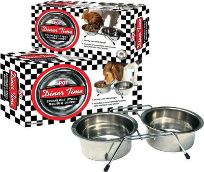 SPOT Diner Time Double Diner | Stainless Steel Feeder For Dogs | Stainless Steel Feeder For Cats | Non-Skid Feeder | Dishwasher Safe | 1 Quart| For Aggressive Dogs | By Ethical Pet