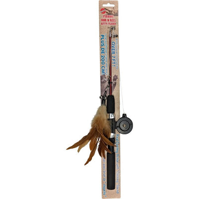 SPOT Fishing Rod 'N Reel Kitty Teaser - Cat Toy Fishing Pole Casts a Line Over 7 Feet with Working Reel Locks in Line When You Make Your Catch, Feather End Teases and Entices Cats to Pounce and Chase