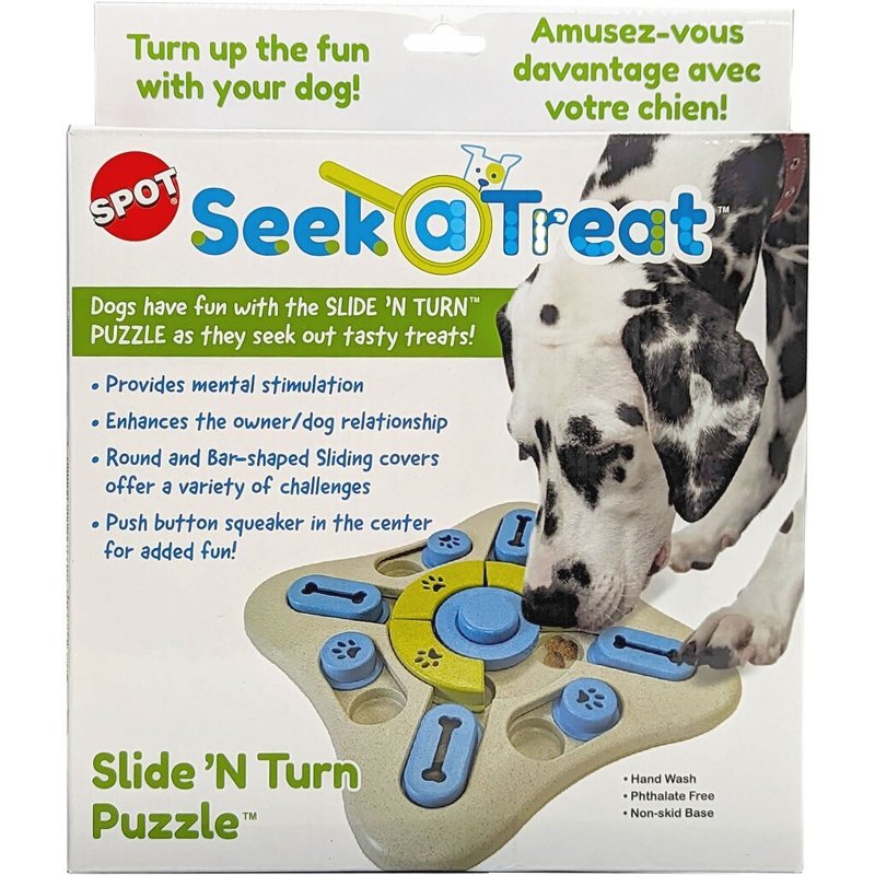 SPOT Seek A Treat Slide' N Turn Puzzle -Interactive Dog Puzzle Toy for Small, Medium & Large Smart Dogs and Cats, Squeaky, Enrichment and Mentally Stimulating Toy for Training and Boredom Buster