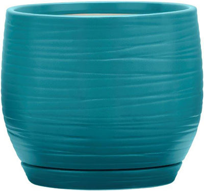 Close-up of a teal ceramic planter with horizontal ridges, 12 inches in diameter, front view.