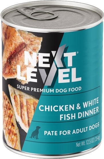 Front view of a Next Level canned dog food package with chicken and white fish pate for adult dogs, 12.5 oz.