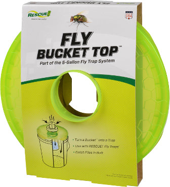 Packaged Rescue Fly Bucket Top, a green plastic lid for a 5-gallon fly trap system.