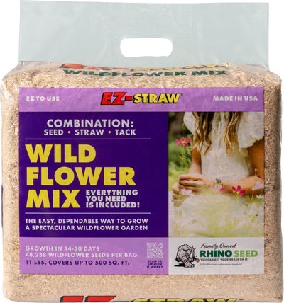 Packaged EZ-Straw Wildflower Mix product with purple label showing seed, straw, and tack combination.