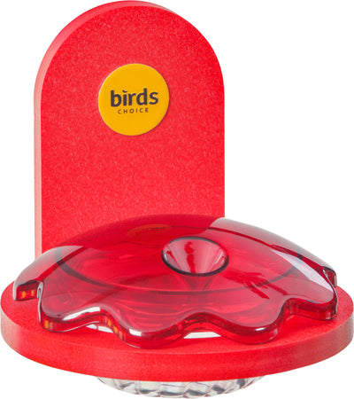 Red Birds Choice window bird feeder with transparent red base and yellow logo on a white background.
