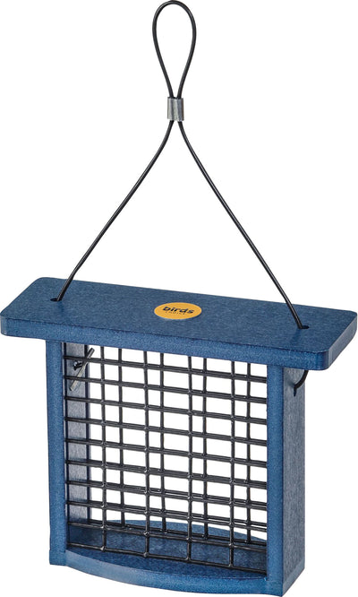 Blue Bird's Choice suet feeder with metal wire frame and hanging loop, front view.