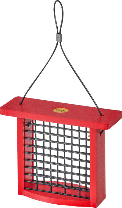 Red plastic suet feeder with black wire grid and hanging loop, front view.