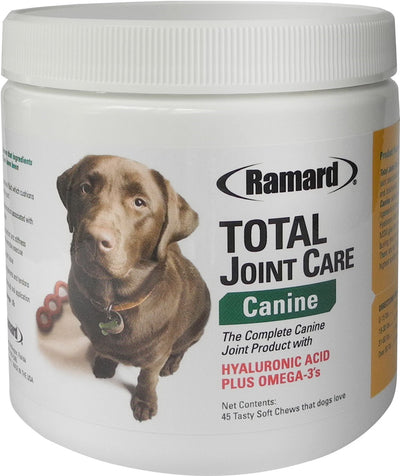 Front view of a white packaged product labeled Ramard Total Joint Care Canine with a brown dog image.