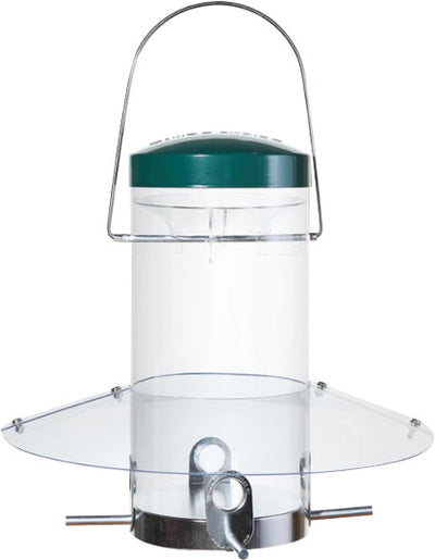Front view of Bird's Choice hanging bird feeder with green top and clear body.