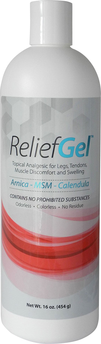 Front view of a white bottle with red swirls labeled Relief Gel, 16 oz.