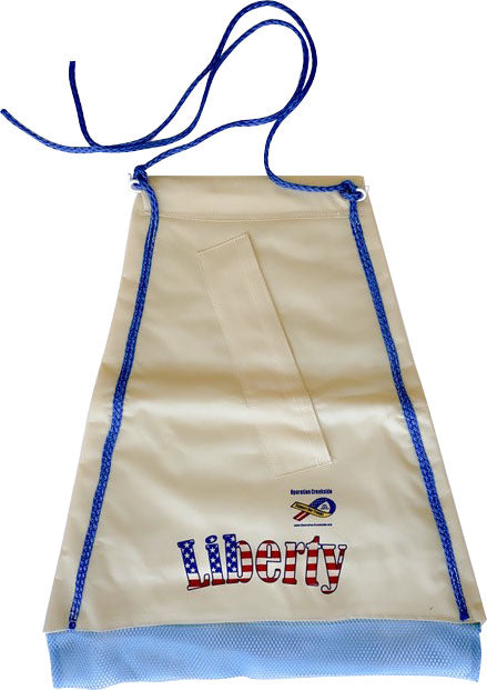 Front view of a tan Cattle Dust Bag Liberty with blue trim and 'Liberty' text in red, white, and blue.
