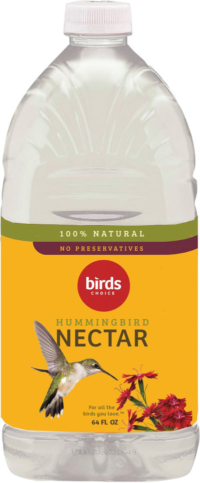 Front view of a clear plastic bottle with a yellow label showing 'Bird's Choice Hummingbird Nectar 64 FL OZ'