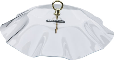 Clear plastic bird feeder cover with scalloped edges, brass ring, and "Bird's Choice" label, close-up view.