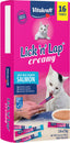 Packaged product: Vitakraft Lick 'n' Lap Creamy cat treat box with 16 tubes of salmon flavor, pink packaging.