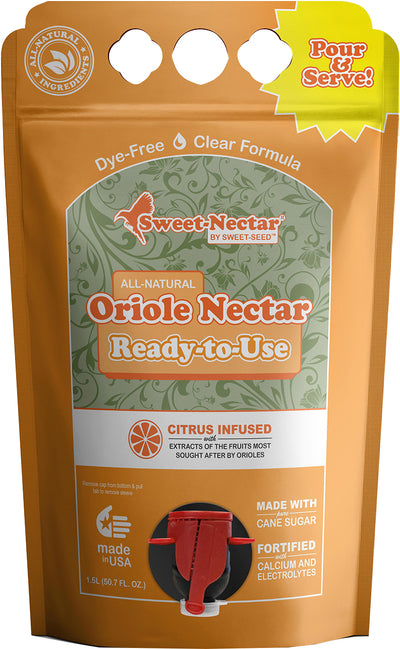 Front view of a Sweet-Nectar Oriole Nectar Ready-to-Use bag, citrus infused, 1.5L, orange packaging.