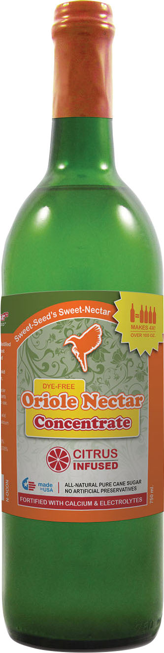 Front view of a green glass bottle with an orange cap, labeled Sweet-Seed's Sweet-Nectar Oriole Nectar Concentrate, Citrus Infused, 750 ml.