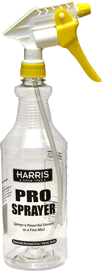 Harris Pro Sprayer 32 oz bottle with yellow trigger and clear plastic body, front view packaged product