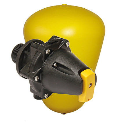 Close-up of Jobe Megaflow Float Valve with black body, yellow float, and 3/4 inch threaded connection.
