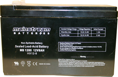 Black packaged Mainstream Batteries sealed lead-acid battery labeled MB 1280 12V8AH HX12-8 with warning labels.