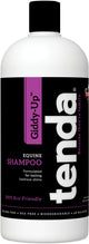 Front view of a white bottle with black and purple label for Tenda Giddy-Up Equine Shampoo, 32 fl oz.
