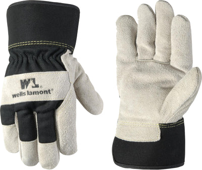 Wells Lamont men's lined suede leather palm glove, black and beige, back view, close-up