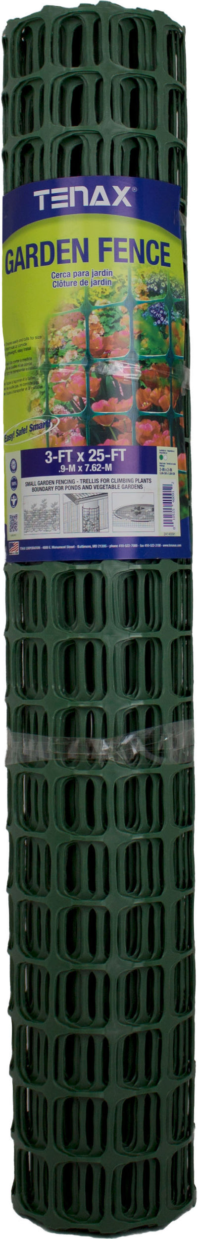 Packaged Tenax Garden Fence, green mesh roll, 3-ft by 25-ft size label visible
