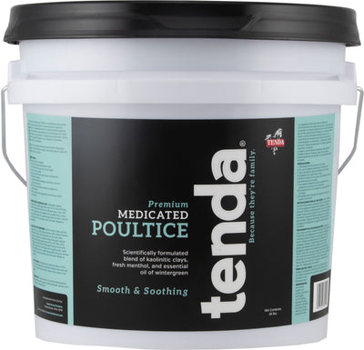 A white bucket with a black lid containing Tenda Premium Medicated Poultice, 45 lbs, front view packaged product