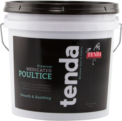 Front view of a white bucket with a black lid labeled Tenda Premium Medicated Poultice, 23 lbs.