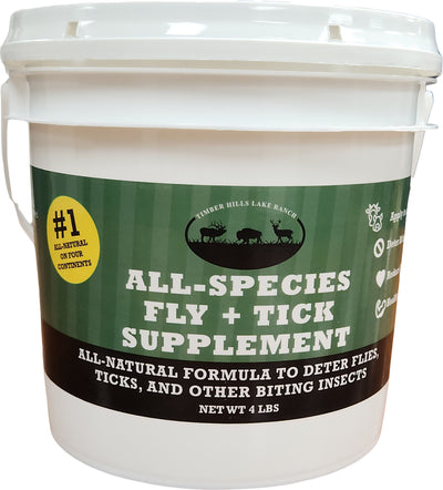 Front view of a white bucket with a green label for Timber Hills Lake Ranch All-Species Fly + Tick Supplement, 4 lbs