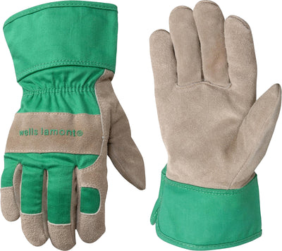 Green and tan Wells Lamont youth work glove, front and back views, close-up