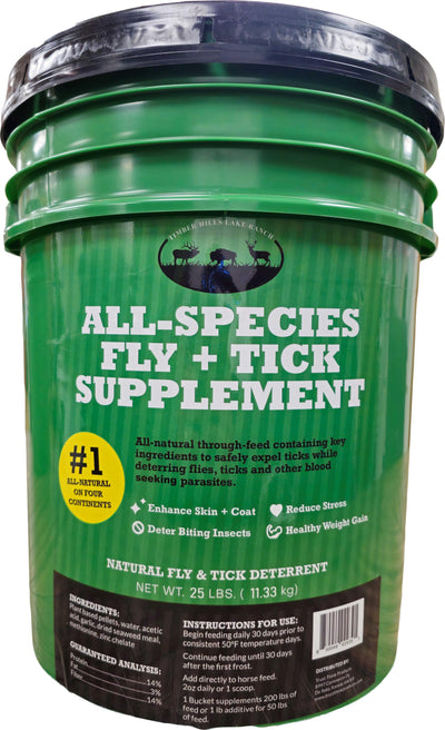 Green bucket of Timber Hills Lake Ranch All-Species Fly + Tick Supplement, 25 lbs, front view packaged product