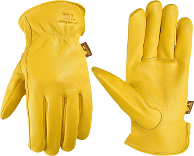 Yellow Wells Lamont men's deerskin leather glove, front and back views, close-up