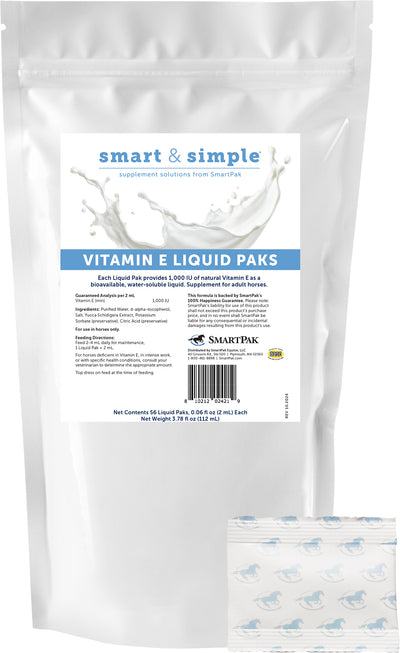 Packaged product: Smart & Simple Vitamin E Liquid Paks, 2 mL, white pouch with blue label and horse illustrations.